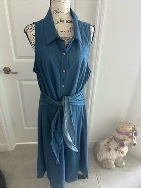 R&K Sleeveless Blue Button-Front Shirtdress with Tie Waist